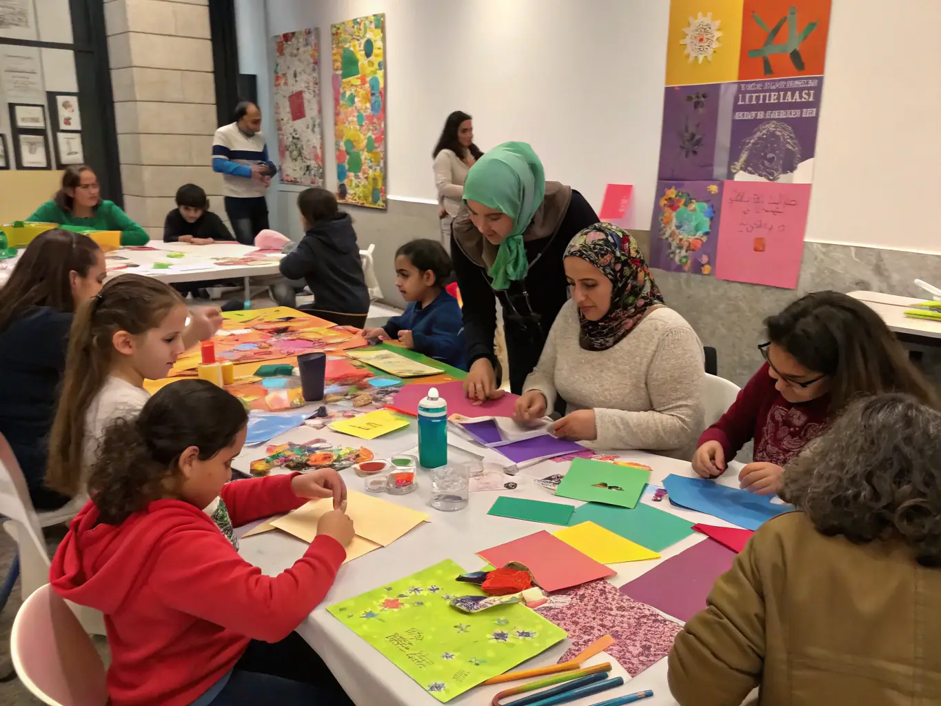 A photograph capturing a diverse group of participants in a drag workshop, laughing and collaborating on costume designs, showcasing the inclusive and creative environment fostered by ALTESSES DU 16.