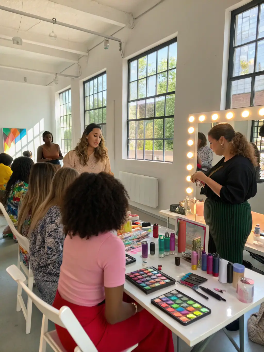A vibrant photograph capturing participants in a drag makeup workshop, focusing on the detailed application of makeup and the supportive atmosphere, showcasing the artistic expression fostered by ALTESSES DU 16.