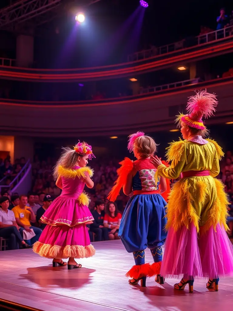 A photo of a group of drag performers on stage during a performance, with dynamic lighting and enthusiastic audience members.